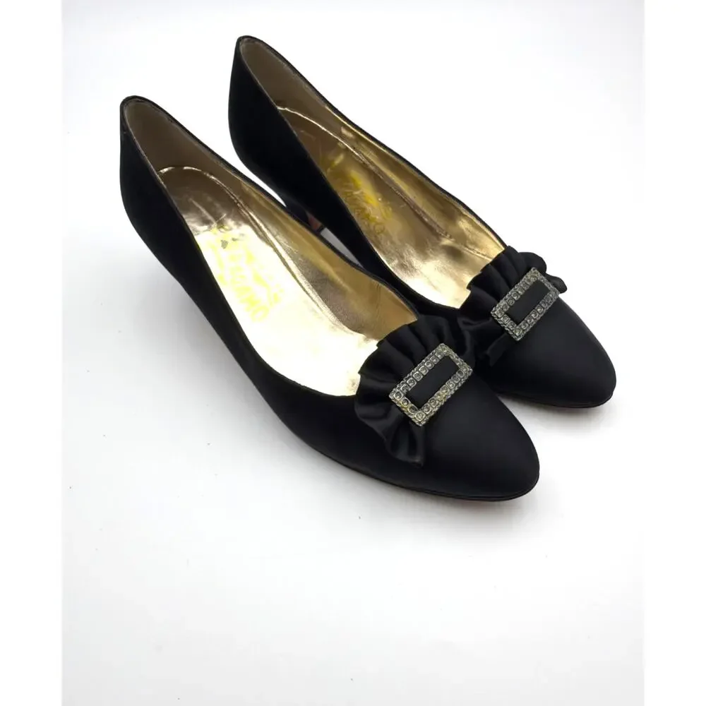 Salvatore Ferragamo 7.5 N 7.2 AA Black Satin Jewel Buckle Kitten Heels VTG READ